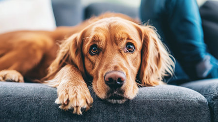 Cocker Spaniel dog lying on sofa in living room at homeの素材