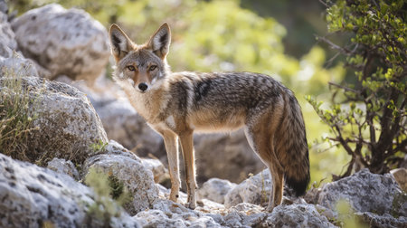 A black-backed jackal, Canis mesomelas, standing on rocks.の素材