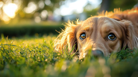 Dog lying on the grass in the sunset light. Nova Scotia Duck Tolling Retrieverの素材