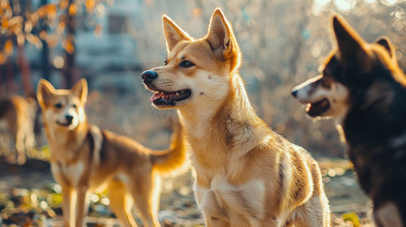 Cute Akita Inu dogs in autumn park. Selective focus.の素材