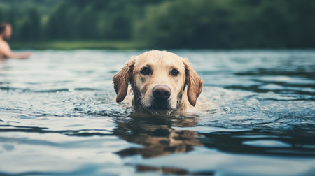 Labrador retriever swimming in a lake with his owner in the backgroundの素材