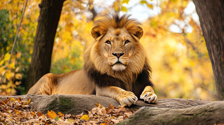 Male lion lying on the rock in autumn forest. Side view.の素材