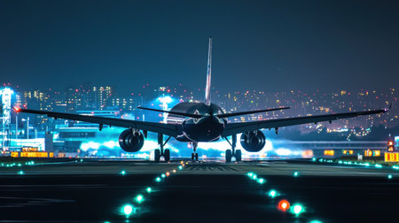 Airplane in the airport at night with cityscape in the backgroundの素材