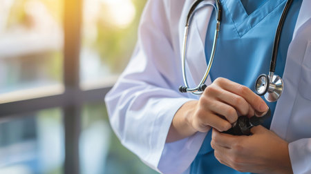 Close up of female doctor holding a stethoscope. Medical and healthcare concept.の素材