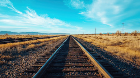 Railway tracks leading to the horizon with blue sky and clouds.の素材