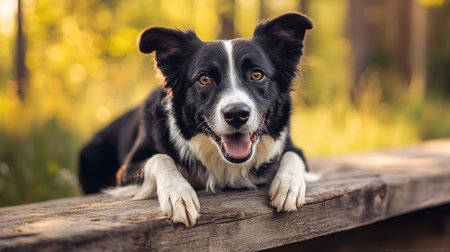 Funny portrait of cute smilling puppy dog border collie sitting on wooden bench in summer forest. Pet care and animals conceptの素材