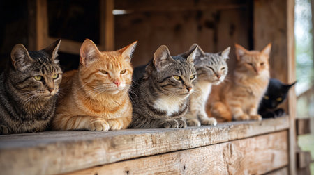 group of stray cats on a wooden background. Selective focus.の素材