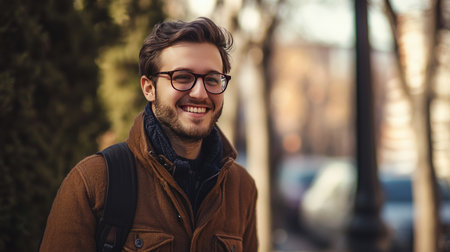 Portrait of handsome young man in eyeglasses looking at camera outdoorsの素材