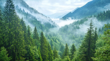 Foggy morning in the Carpathian mountains, Ukraine.の素材