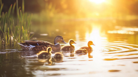 Duck with ducklings on a lake at sunset. Beautiful nature background.の素材