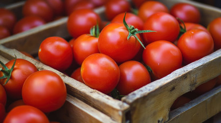 Ripe red tomatoes in a wooden box on the counter of the storeの素材