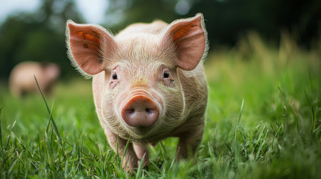 Portrait of a cute little pig on a green meadow.の素材