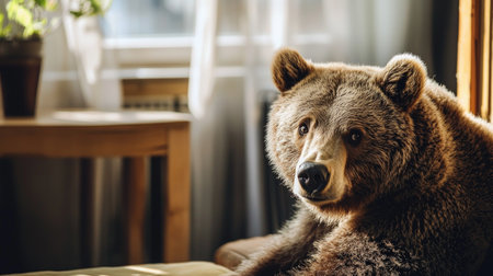 Cute brown bear sitting on a chair near the window at homeの素材
