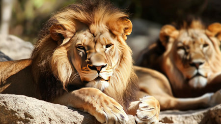 Close up of a lion lying on a rock looking at the cameraの素材