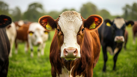 Cows on a green meadow in the Netherlands. Close-up.の素材