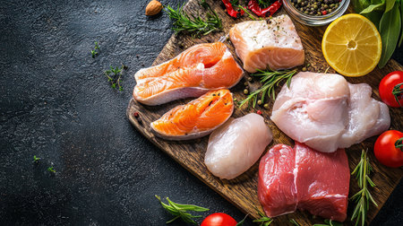 Raw fresh fish fillet with herbs and spices on wooden cutting boardの素材