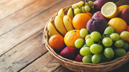 Variety of fresh fruits in a basket on wooden background, selective focusの素材