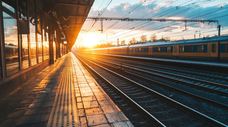 Train on the platform of the railway station at sunset. Railway stationの素材