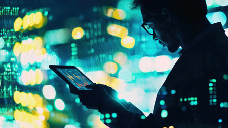 Double exposure of business man using tablet with bokeh light backgroundの素材