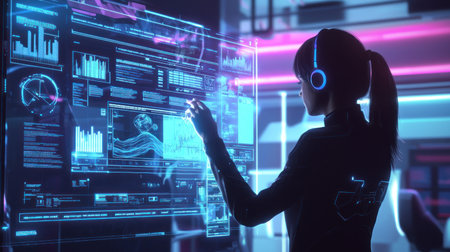 Side view of a female cyborg using a futuristic interface. 3D renderingの素材