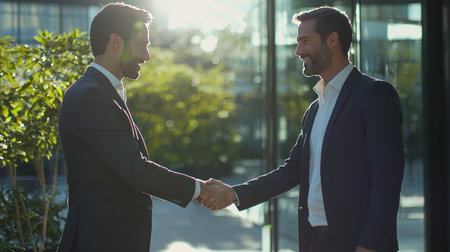 Close up of two businessmen shaking hands in the office. Business conceptの素材