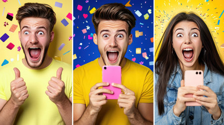 Collage of young caucasian man and woman using mobile phones and showing thumbs upの素材