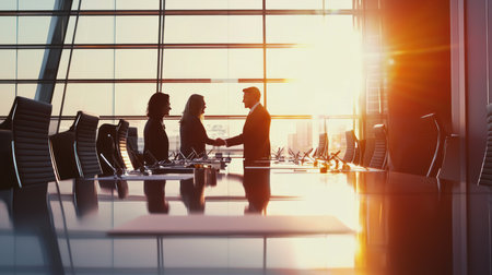 Business people shaking hands in modern conference room with panoramic windows. Toned imageの素材