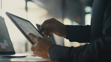 Close up of businessman using digital tablet in office. Close up of male hands using digital tablet.の素材
