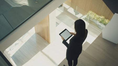 Young businesswoman using digital tablet in modern office, rear view.の素材