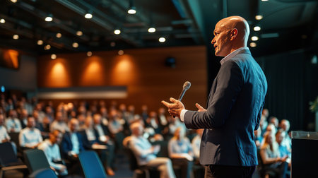 Speaker Giving a Talk at Business Meeting. Audience in the conference hall. Business and Entrepreneurship.の素材
