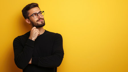 Portrait of handsome young man in black sweater and eyeglasses on yellow backgroundの素材