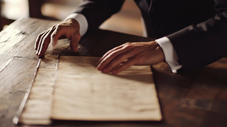 Hands of a young man in a business suit on a wooden table.の素材