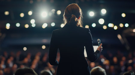 Female speaker giving a speech in front of a crowd at a concertの素材