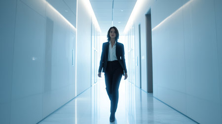 Young businesswoman walking in a corridor of a modern office building.の素材