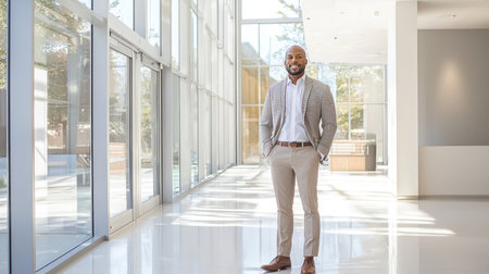 Portrait of confident mature businessman standing in corridor of modern office buildingの素材