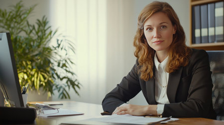 Portrait of businesswoman sitting at desk in office and looking at cameraの素材