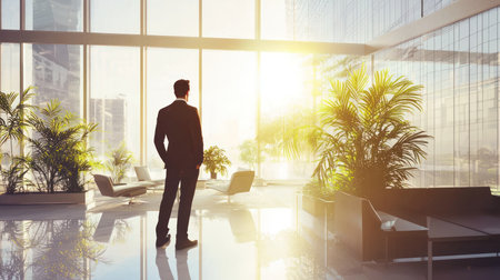 Businessman in modern office interior with city view and sunlight. Mixed mediaの素材
