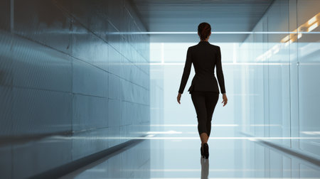 Businesswoman walking in empty corridor with light coming from above 3D renderingの素材