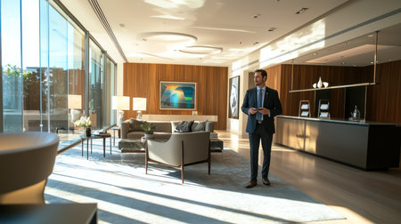 Businessman standing in modern hotel lobby and talking on mobile phone.の素材