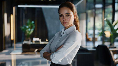 Confident businesswoman standing with arms crossed in office, looking at cameraの素材