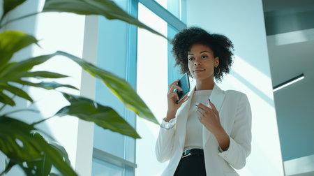 Young african american businesswoman talking on mobile phone in officeの素材