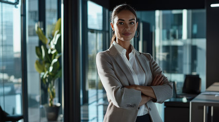 portrait of confident businesswoman standing with crossed arms in modern officeの素材
