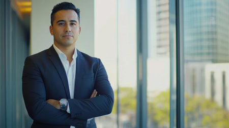 Portrait of a confident businessman standing with arms crossed and looking at cameraの素材