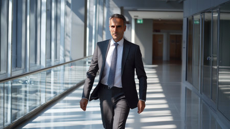 Portrait of a businessman walking in corridor of modern office building.の素材