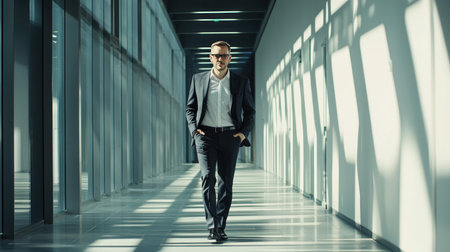 Businessman walking in corridor of modern office building. Business and success concept.の素材