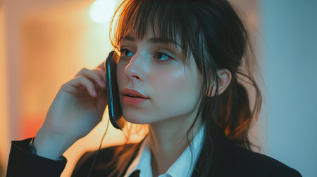 Portrait of young businesswoman talking on mobile phone in office.の素材