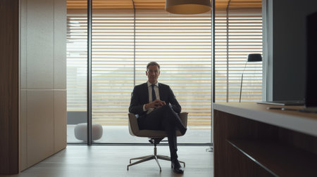 Businessman sitting in an office chair in front of a window.の素材