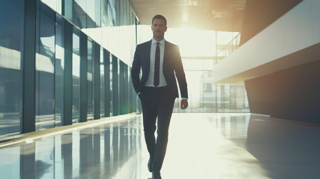 Businessman walking in the corridor of a modern office building. Business concept.の素材