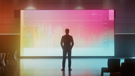 Businessman standing in modern conference room with glowing forex chart on wall. Trade and analysis concept. Double exposureの素材