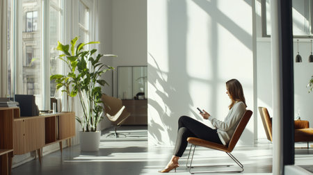 Young businesswoman using smartphone while sitting in armchair in modern officeの素材